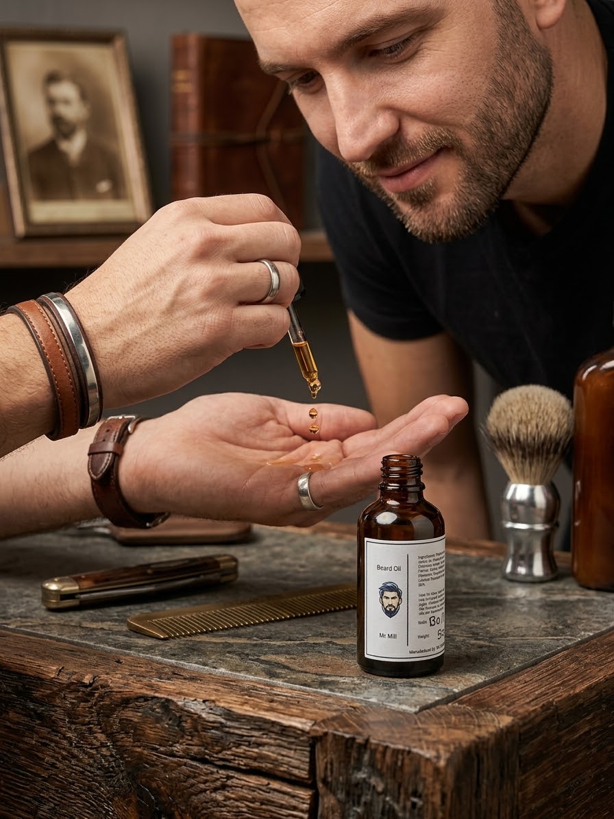 Man dispensing beard oil into his palm beside a 30ml amber dropper bottle.