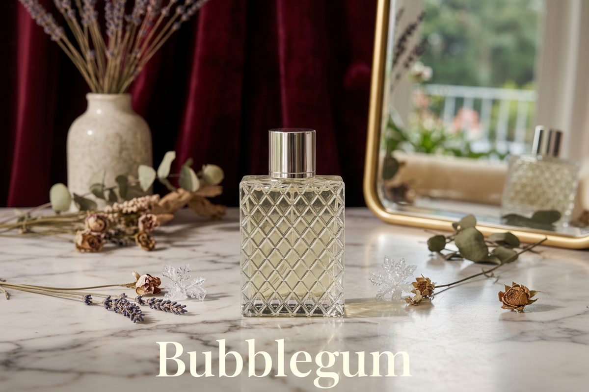 A clear textured glass perfume bottle labeled 'Bubblegum' sits on a white marble tabletop, surrounded by dried flowers, greenery, a cream vase with stems, and a gold-framed mirror reflecting the bottle. Deep burgundy curtains hang in the background.