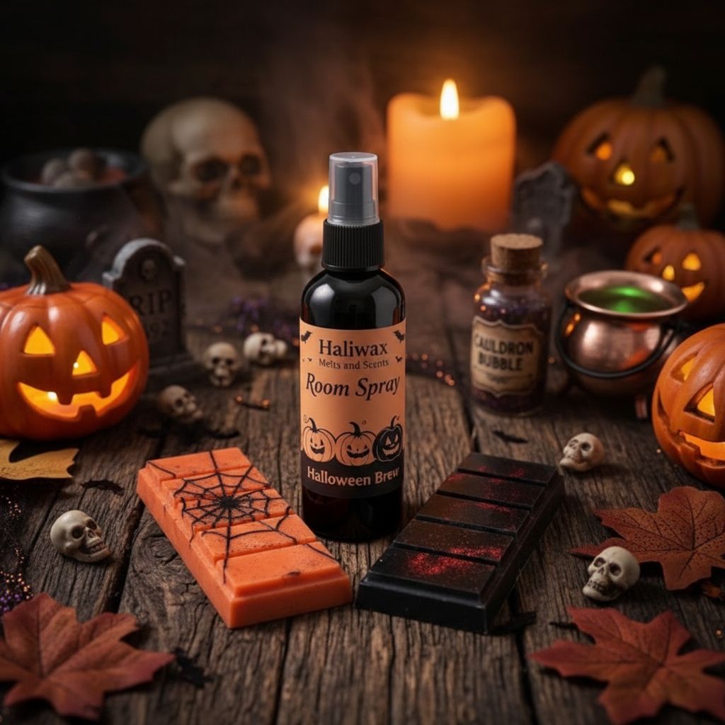 Haliwax Halloween Bundle gift set with 2 wax melts and a room spray, styled on a dark table surrounded by pumpkins and skulls