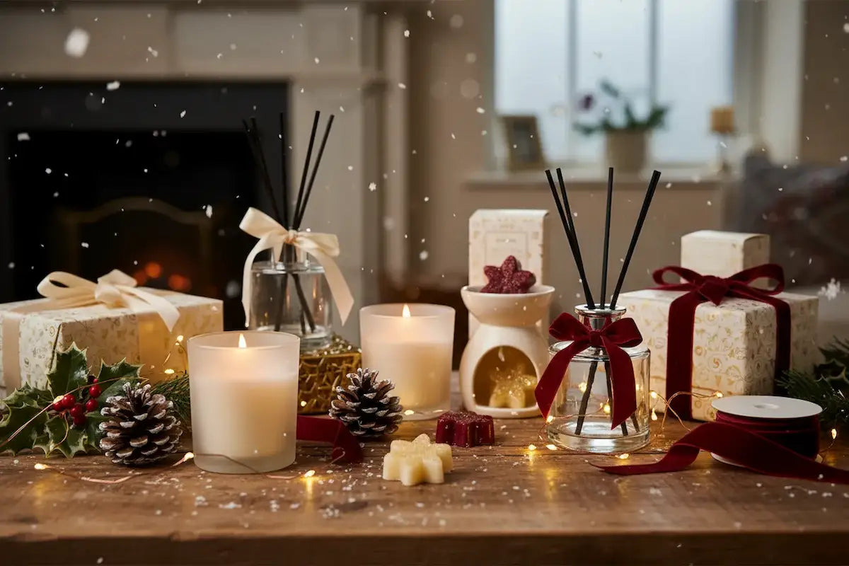 Christmas collection of wax melts, reed diffusers and candles with festive decorations.